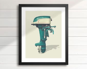 1950s Boat Motor Art Print – 1958 16HP Oliver Outboard, Retro Cottage Wall Decor, Lake House & Man Cave Artwork