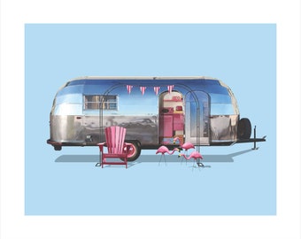 1948 Airstream Liner Camping Trailer Wall Art: Wall Decor painting of a vintage, mid-century modern trailer and accessories