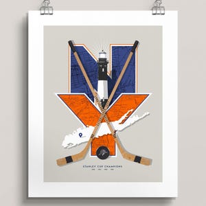 Art mural des Islanders de New York - affiche de la LNH de style vintage - décoration hockey avec phare de Fire Island et carte d'Uniondale - cadeau de fan des îles