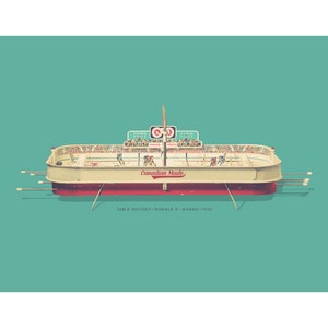 May include: A vintage table hockey game with a white and red playing surface. The game features two teams of hockey players and a scoreboard. The game is labelled "Canadian Made" and "Table Hockey - Donald H. Munro - 1932".