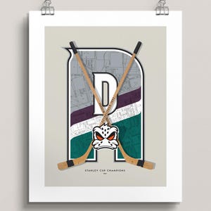 Décoration murale Anaheim Ducks - affiche de la LNH de style vintage - Décoration de hockey avec masque de gardien de but, carte d'Anaheim et bâtons - Cadeau pour les fans des Ducks