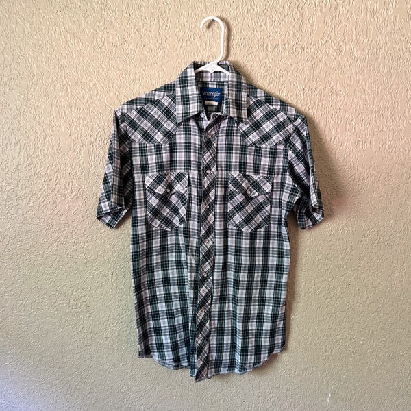 Vintage Wrangler Pearl Snap, Green and White Short Sleeve Pearl Snap, Vintage Western Shirt, Pearl Snap Shirt, Vintage Western Wear