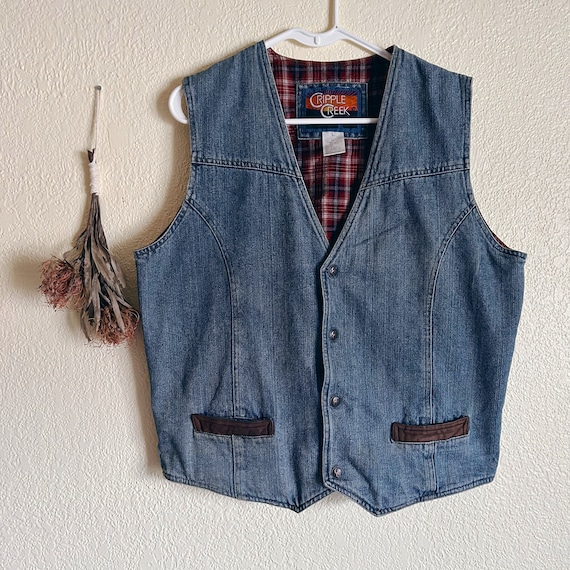 Vintage Denim Vest with Leather Details, Vintage … - image 1