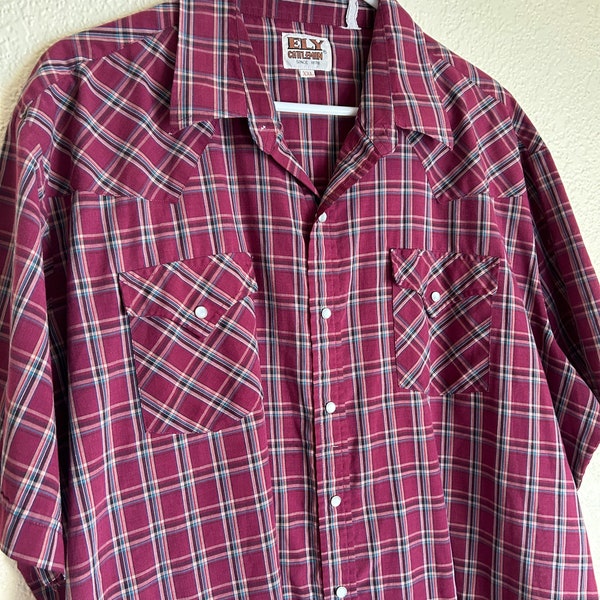 Vintage Ely Cattleman XXL Pearl Snap, XXL Pearl Snap, Western Shirt, Red Plaid Pearl Snap