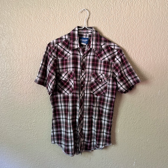 Vintage Wrangler Pearl Snap, Brown and Red Plaid … - image 1