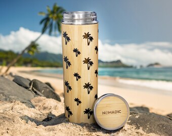 Botella de agua de acero inoxidable con aislamiento de 480 ml 'Palm Tree', taza de viaje con infusor de té y compartimento oculto (ecológica), para bebidas frías y calientes