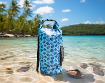 Bolsa seca/húmeda impermeable para exterior 'Blue Island Breeze' de 15 l, soporte para botella de agua y correas acolchadas para los hombros (perfecto para kayak/SUP/senderismo...)