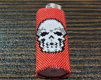 Étui à briquet tête de mort perlé à la main, convient à un briquet Bic de grande taille