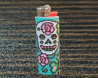 Hand Beaded Sugar Skull Lighter Case, Fits Full-Size Bic Lighter