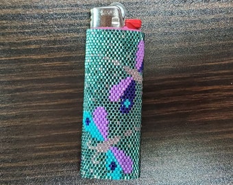 Hand Beaded Dragonflies Lighter Case, Miyuki Delica Seed Beads, Fits Full-Size Bic Lighter