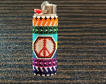 Hand Beaded Peace Lighter Case, Fits Full-Size Bic Lighter