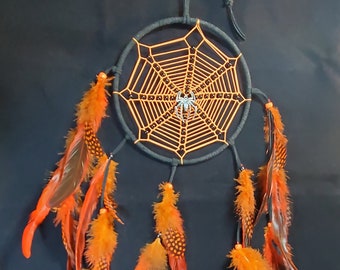 Black & Orange Halloween Dream Catcher: Spider Charm, Boho Wall Decor