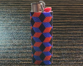 Hand Beaded Cubes Lighter Case, Fits Full-Size Bic Lighter