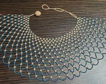 Gold and Teal Netted Collar Necklace