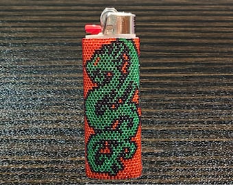 Hand Beaded Dragon Lighter Case, Fits Full-Size Bic Lighter