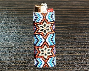 Hand Beaded Silver Star Lighter Sleeve, Fits Full-Size Bic Lighter