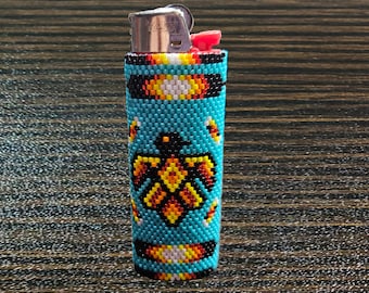 Hand Beaded Thunderbird Lighter Sleeve, Fits Full-Size Bic Lighter