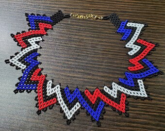 Handmade Beaded Collar Necklace: Red, White, Blue Native American Style
