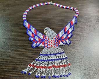 Hand Crafted Patriotic Thunderbird Beaded Huichol Collar Necklace, Native American
