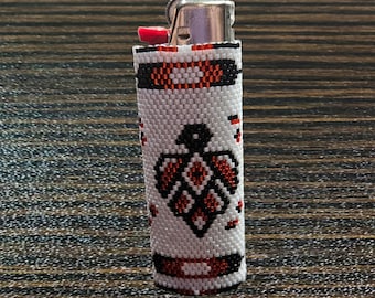 Hand Beaded Thunderbird and Feather Lighter Sleeve, Red, Black, White, Fits Full-Size Bic Lighter