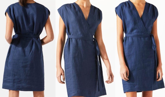 blue linen wrap dress