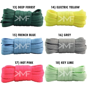 May include: Six pairs of shoelaces in different colors, including deep forest green, electric yellow, french blue, grey, hot pink, and key lime. Each pair is folded in half and arranged in a row. The shoelaces are all the same size and width. The text "MF" is printed on each pair of shoelaces.