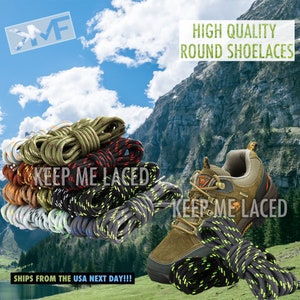 May include: A stack of colorful round shoelaces with the text "KEEP ME LACED" on the top. A brown hiking boot with a black and green shoelace is in the foreground. The text "HIGH QUALITY ROUND SHOELACES" and "KEEP ME LACED" is visible in the background.