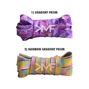 May include: Two pairs of shoelaces with a gradient prism pattern. The top pair is purple, pink, and blue. The bottom pair is yellow, pink, and blue.