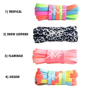 May include: Four different styles of shoelaces, each rolled up and tied together. The styles are: Tropical, Snow Leopard, Flamingo, and Jigsaw.