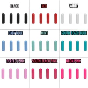 May include: Assortment of 10 different colored plastic caps for furniture legs. The colors are black, red, white, baby blue, mint, south beach blue, perfect pink, south beach pink, and neon pink.