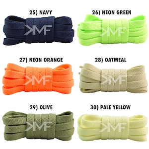 May include: A set of ten shoelaces in various colors, including navy, neon green, neon orange, oatmeal, olive, and pale yellow. Each shoelace is rolled up and labeled with a number and color name. The shoelaces are all the same size and width.