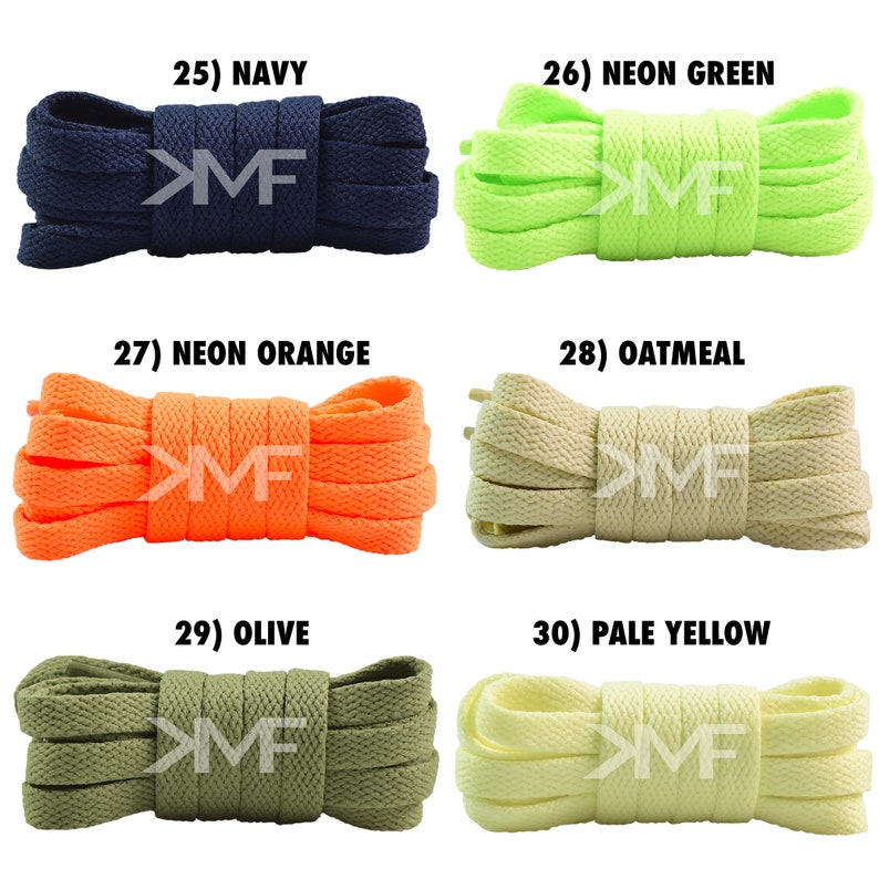 May include: A set of ten shoelaces in various colors, including navy, neon green, neon orange, oatmeal, olive, and pale yellow. Each shoelace is rolled up and labeled with a number and color name. The shoelaces are all the same size and width.