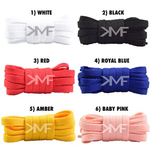 May include: Six spools of shoelace in different colors: white, black, red, royal blue, amber, and baby pink. Each spool has the letters "MF" printed on it.