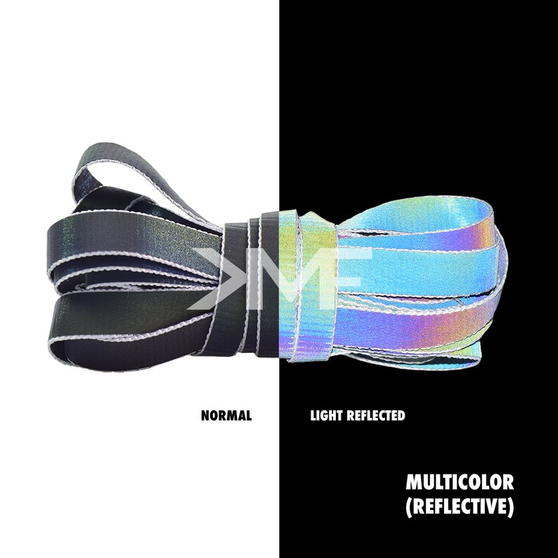 May include: A close-up of a black and silver shoelace with a reflective, iridescent finish. The shoelace is shown in both normal and light reflected conditions. The text "MULTICOLOR (REFLECTIVE)" is visible below the image.