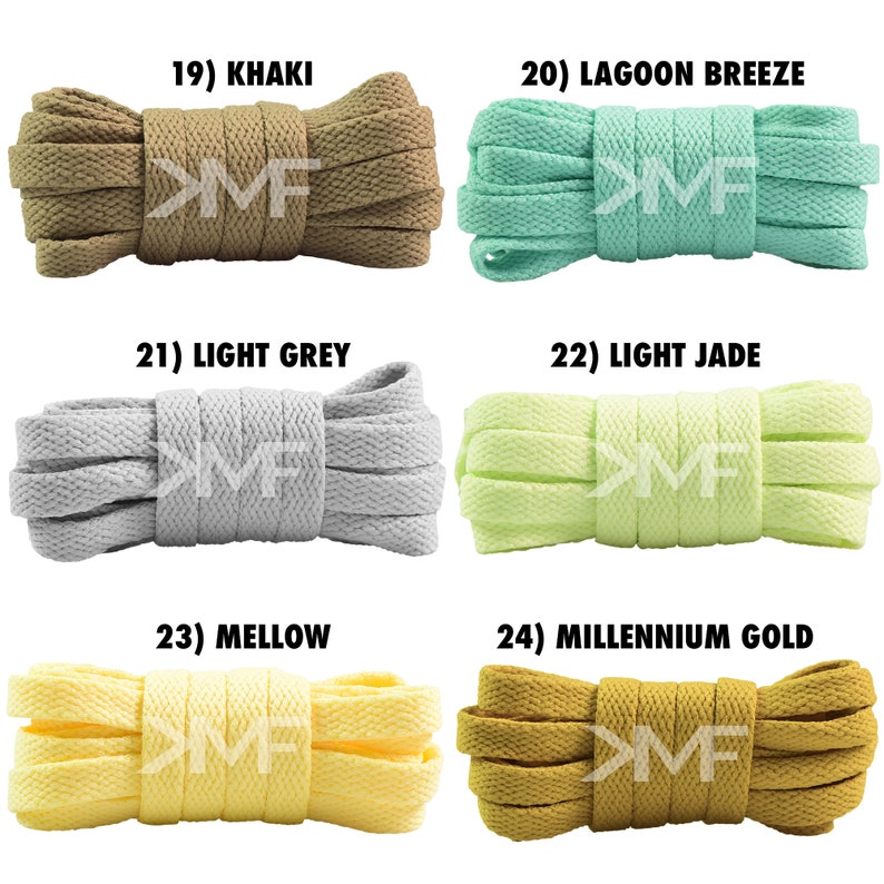 May include: Six different colors of shoelaces, each rolled up and tied in a knot. The colors are khaki, lagoon breeze, light grey, light jade, mellow, and millennium gold.