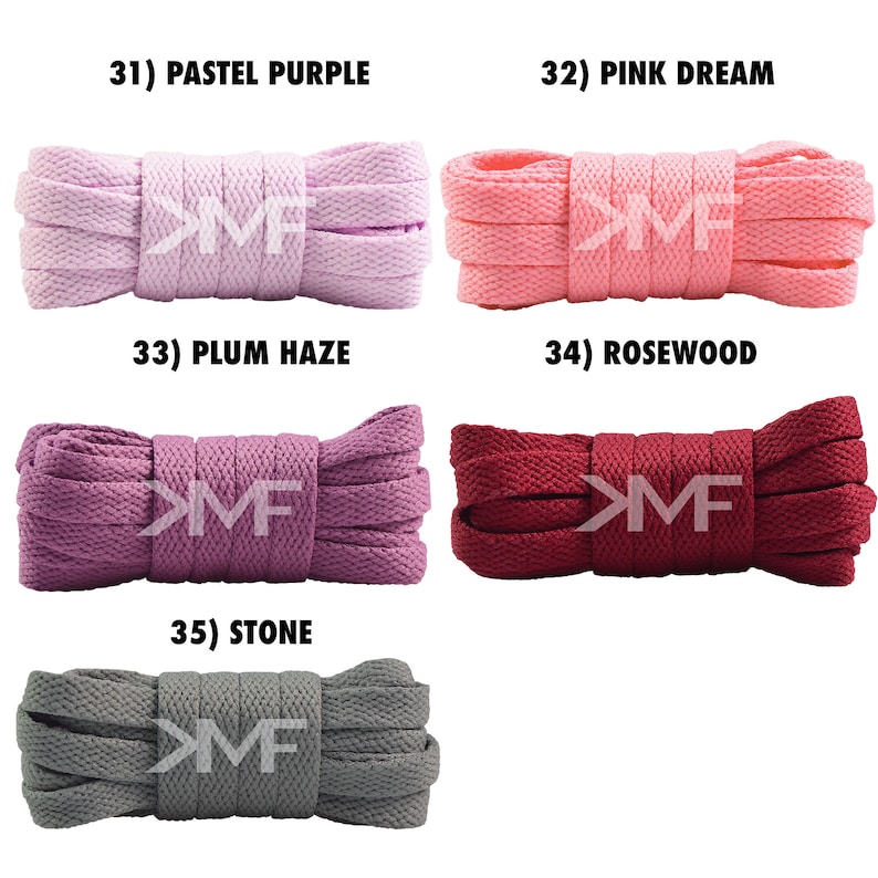 May include: Five different colors of shoelaces, each rolled up and tied in a knot. The colors are pastel purple, pink, plum, rosewood, and stone.