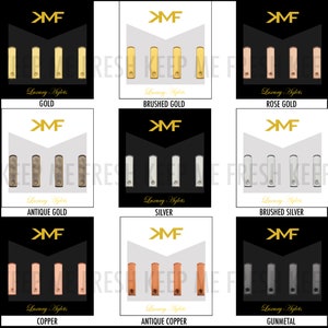 May include: Nine different color variations of metal aglets, or shoelace tips, displayed on a white background. The aglets are arranged in three rows of three, with each row representing a different metal finish: gold, silver, and copper. The aglets are labeled with the metal finish and the brand name "KMF".