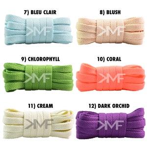 May include: A set of 10 shoelaces in various colors, including light blue, peach, green, coral, cream, and purple. Each shoelace is rolled up and labeled with a number and color name.