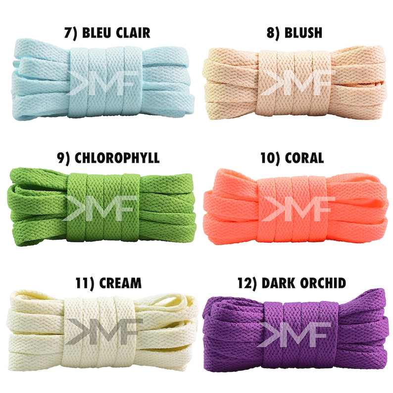 May include: A set of 10 shoelaces in various colors, including light blue, peach, green, coral, cream, and purple. Each shoelace is rolled up and labeled with a number and color name.