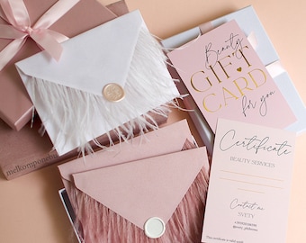 Tarjetas de REGALO sobres de terciopelo plumas rosas nude rosa blanco belleza negocio papel dorado servicio al cliente pestañas cabello uñas cosmetología presente 4x6