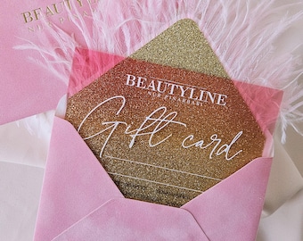 Tarjetas de regalo en sobres de terciopelo con plumas, logotipo en lámina dorada, tarjeta de plexiglás, acrílico transparente de color, bono de belleza con purpurina, servicio al cliente