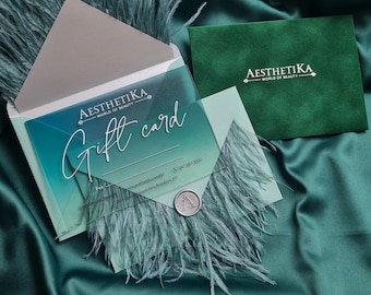 Menta esmeralda tarjetas de regalo negocio de belleza Logo impresión de lámina de oro servicio al cliente pestañas extensión de cabello uñas estudio cosmetología presenta 4x6