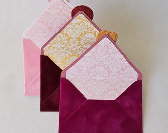 Damask VELVET envelopes, florish pattern liner, Bridgerton Victorian style wedding invitation, 6*4' wax seal stamp