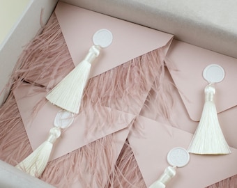 5 sobres de papel con borlas de plumas, sello de cera, clásico, para eventos, decoración de bodas de lujo, regalo para invitados, envoltura de invitación, elegante color rosa