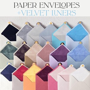 May include: A collection of paper envelopes with velvet liners in various colors including navy, green, purple, yellow, pink, and blue. The text PAPER ENVELOPES + VELVET LINERS is displayed at the top. Each envelope features a pointed flap.