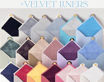 May include: A collection of paper envelopes with velvet liners in various colors including navy, green, purple, yellow, pink, and blue. The text PAPER ENVELOPES + VELVET LINERS is displayed at the top. Each envelope features a pointed flap.