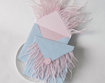 Velvet Envelopes with feathers for wedding, square size 5.5', pastel blue-grey, personal wax seal monogram