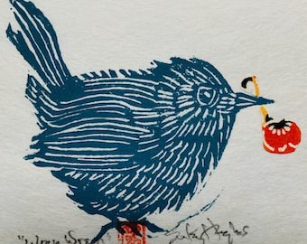 Blue Wren Wren w/ Fruit, Original Collaged Linocut, Jenny Wren, Bird Lover