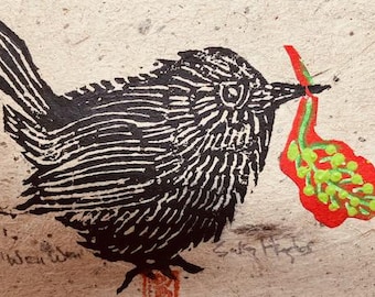 Wren Wren with Leaf & Berries, Original Linocut, OOAK Collaged Print, Jenny Wren, Bird  Lover
