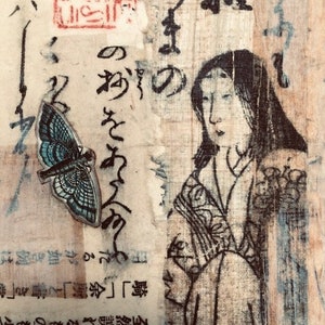 Woman Confronts Moth, Small Collage, Original Art, Asian Art, Japanese Theme, OOAK